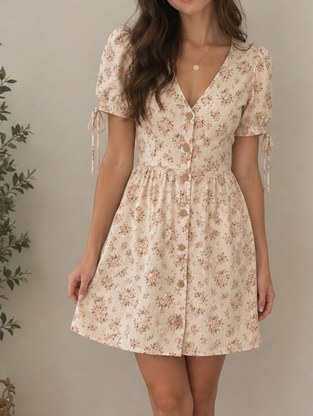 PRIV Cream Floral Button-Front Dress with Puff Sleeves